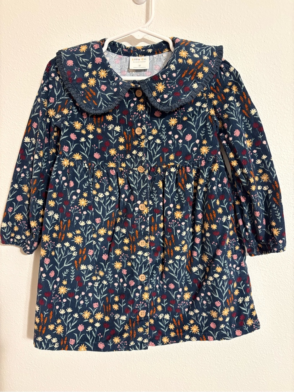 Little Co. Navy Floral Corduroy Girls' Dress 100% Organic Cotton 3T